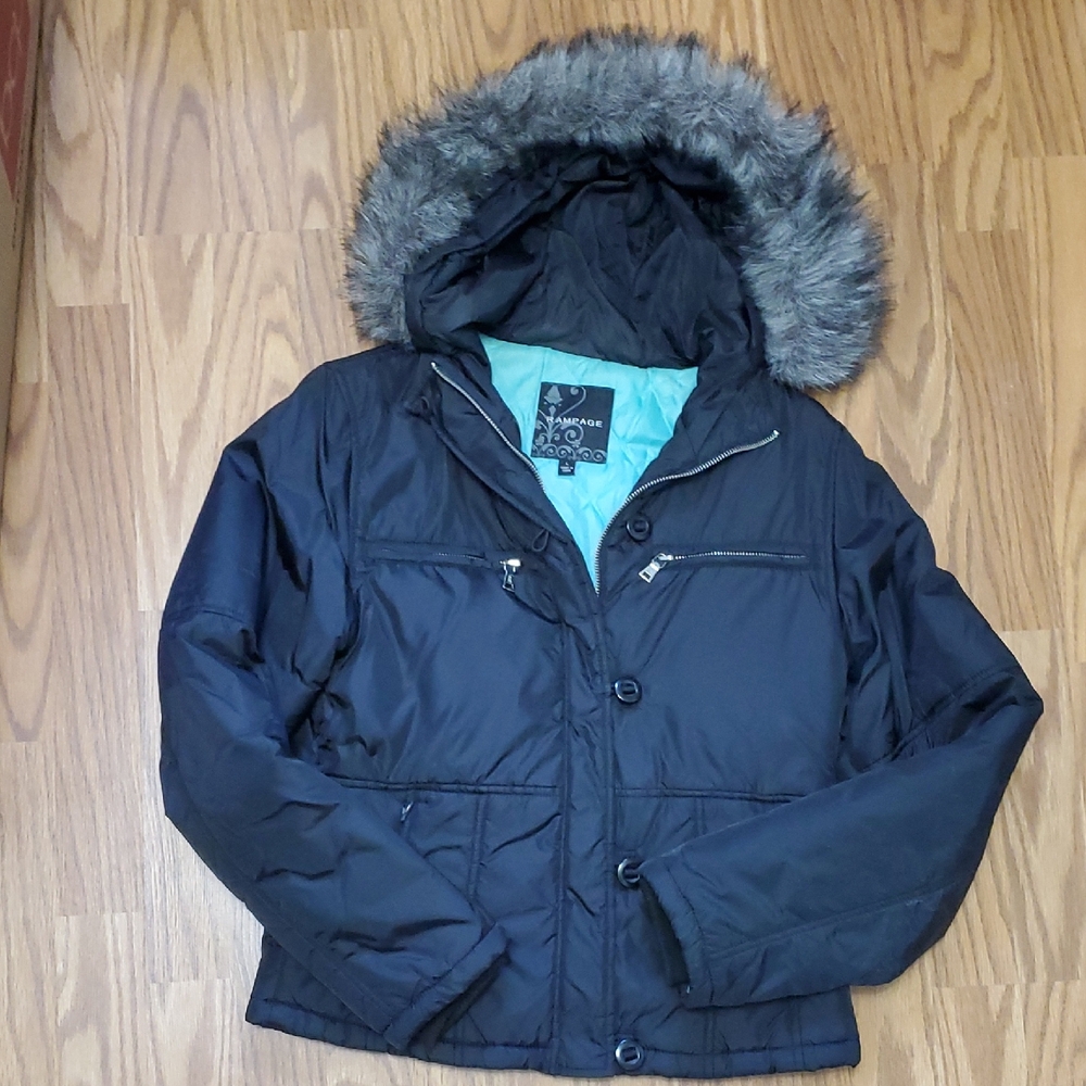 Rampage Black Puffer Jacket with Faux Fur Hood
